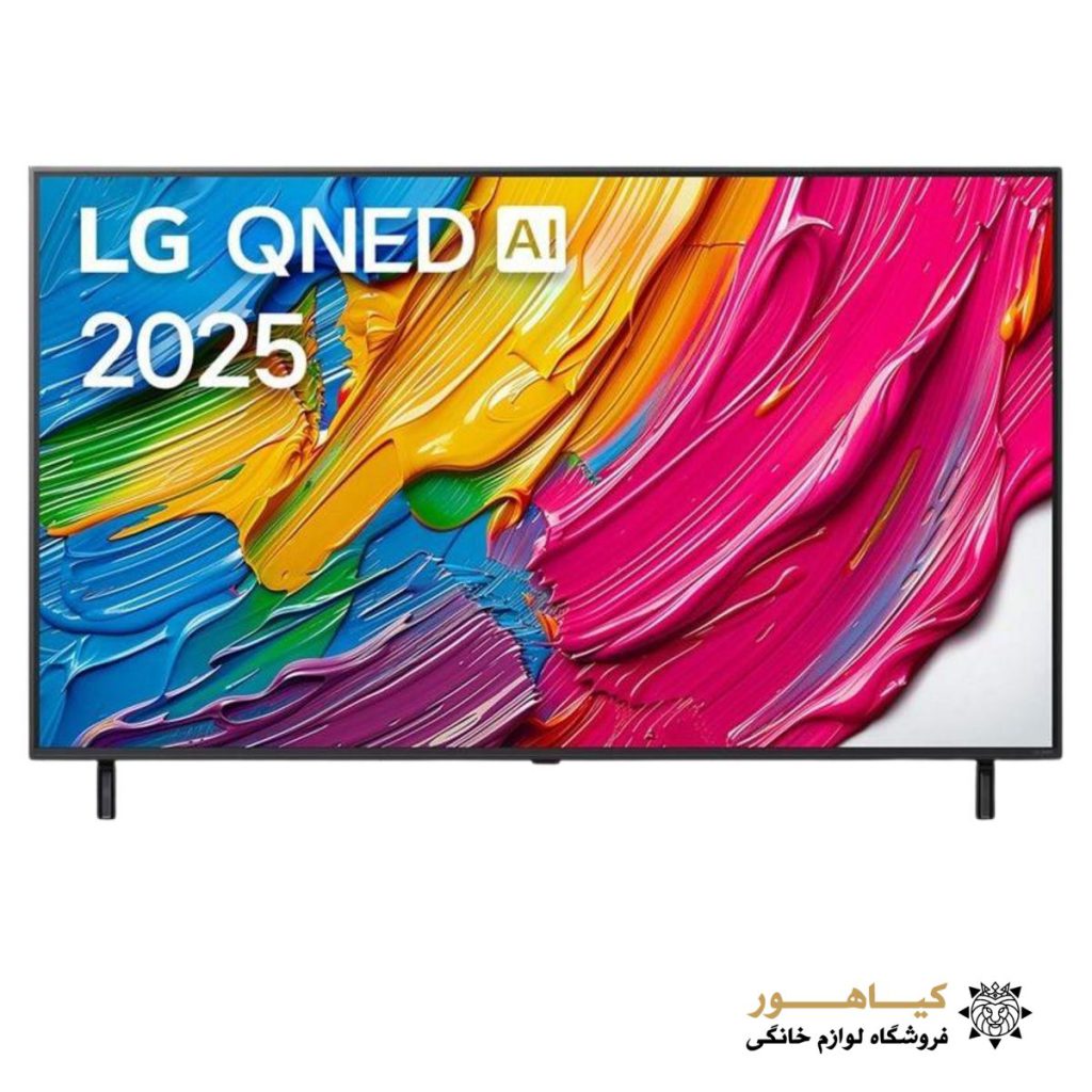 تلویزیون ال‌جی 55 اینچ مدل 55QNED80A6A با صفحه نمایش رنگارنگ و لوگوی LG QNED AI 2025 در مرکز.