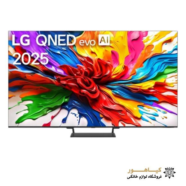 تلویزیون LG 75 اینچ مدل 75QNED93A6A با نمایشگر رنگارنگ و پایه مرکزی.