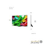 ابعاد تلویزیون LG 86QNED86A6A به همراه نمای جانبی و اندازه‌گیری‌ها.