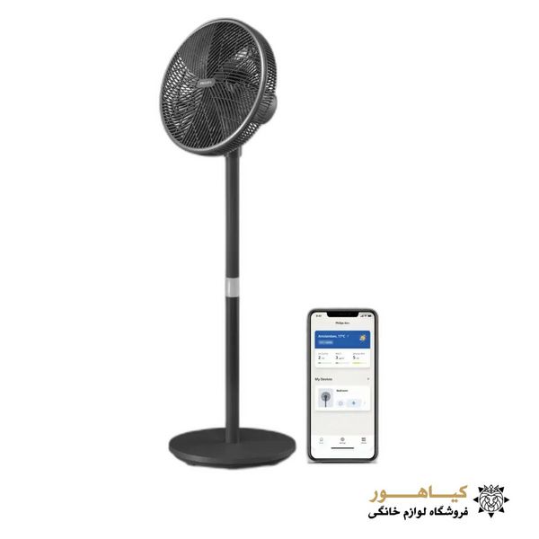 پنکه ایستاده فیلیپس مدل CX3550/01 با نمایش اپلیکیشن موبایل در کنار آن.